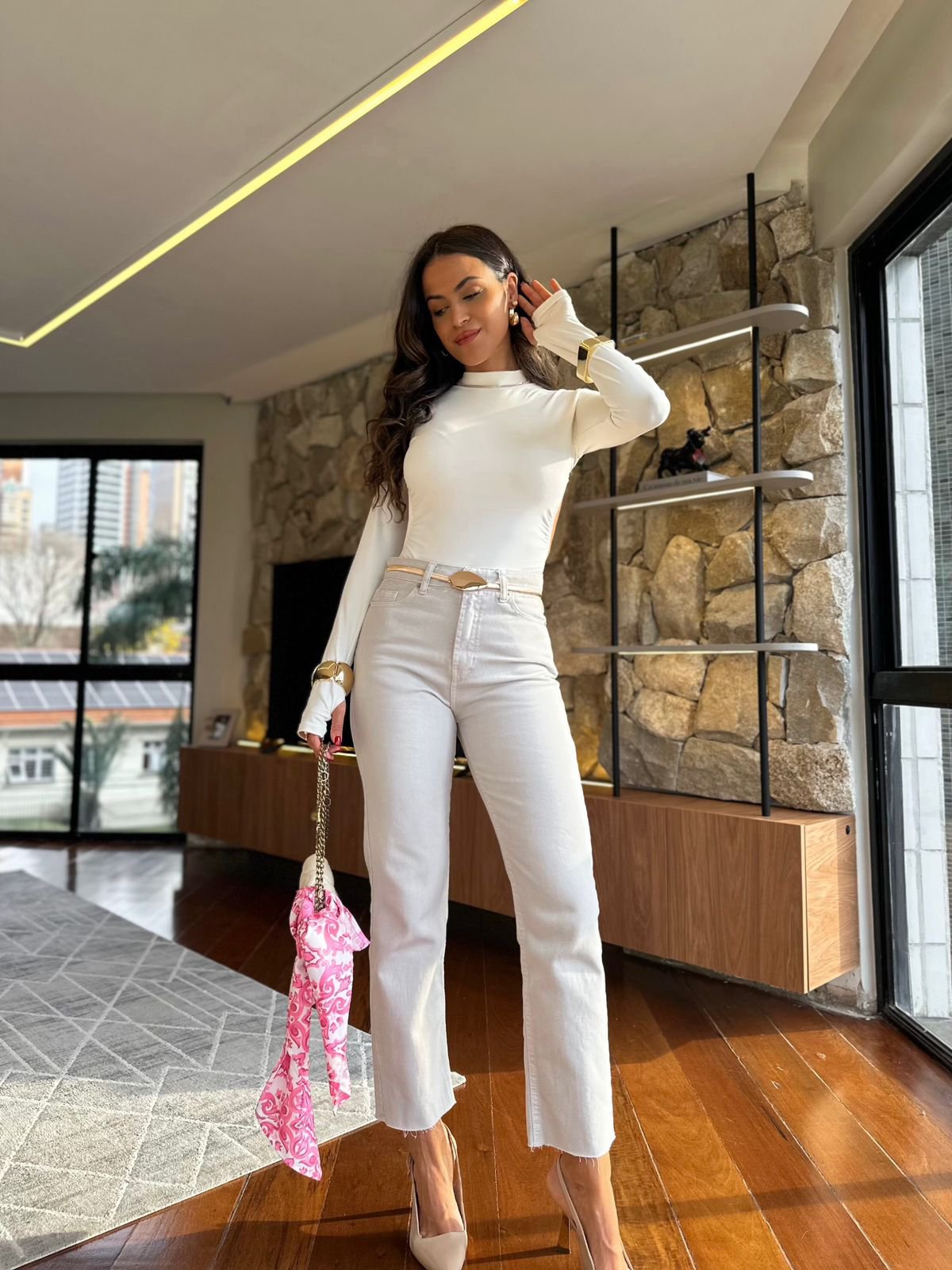 Calça Reta Jeans Mily Areia