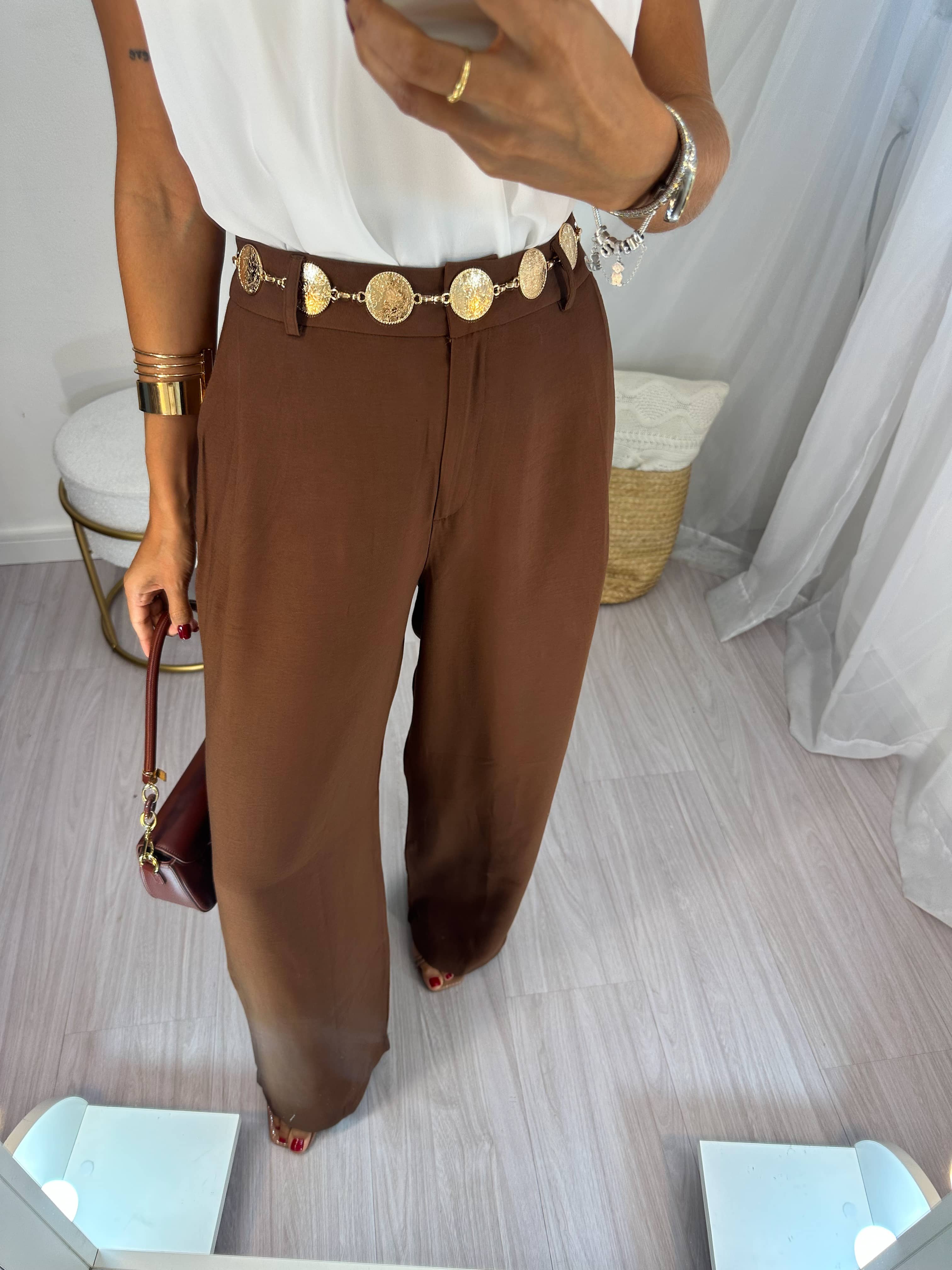 Calça Wide Leg Alfaiataria Marrom Zola